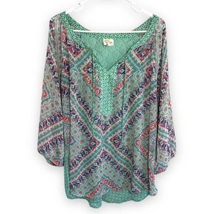 Anthropologie x Fig and Flower Teal Blue Green Peasant Blouse